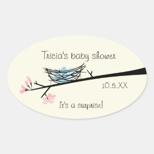 Sticker Ovale Baby shower de fleurs et de nids