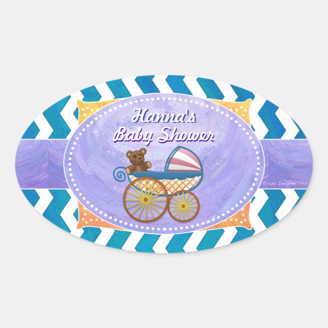 Sticker Ovale Baby shower personnalisé pourpre et bleu Chevron (Devant)