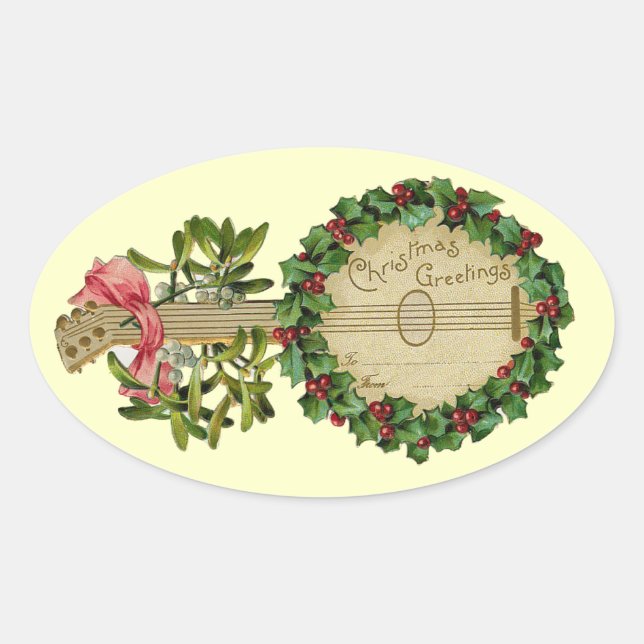STICKER OVALE BANJO DE NOËL AVEC MISTLETOES ET BERRIES SAINES (Devant)