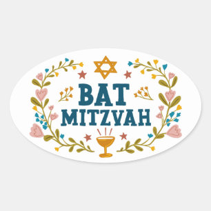 Sticker Ovale BAT MITZVAH floral à la main Juif personnalisable