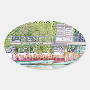 Sticker Ovale Bateaux cygnes de Boston en crayon et filtre d'enc