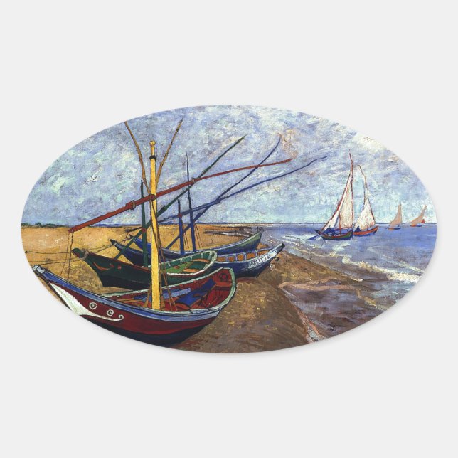 Sticker Ovale Bateaux de pêche sur la plage (Devant)