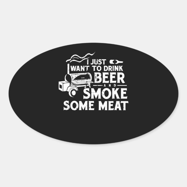 Sticker Ovale BBQ Fumer Pitmaster Cadeau Boire Bière Fumer Viand (Devant)