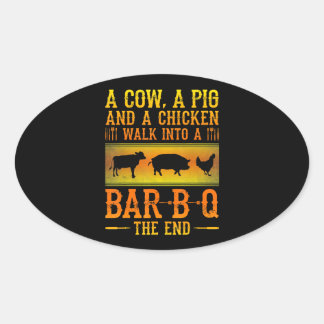 Sticker Ovale BBQ | Une Vache Un Cochon Et Un Poulet Marcher Dan