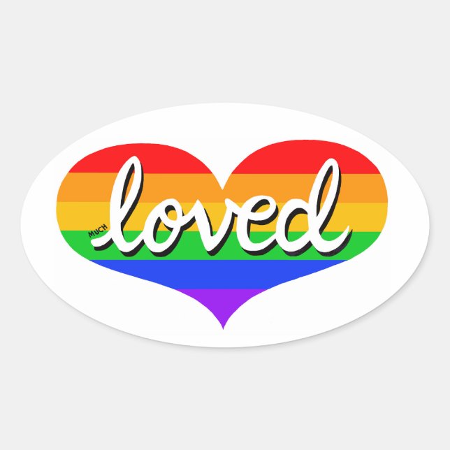 Sticker Ovale BEAUCOUP AIMÉ - Adoré - Coeur d'amour arc-en-ciel (Devant)