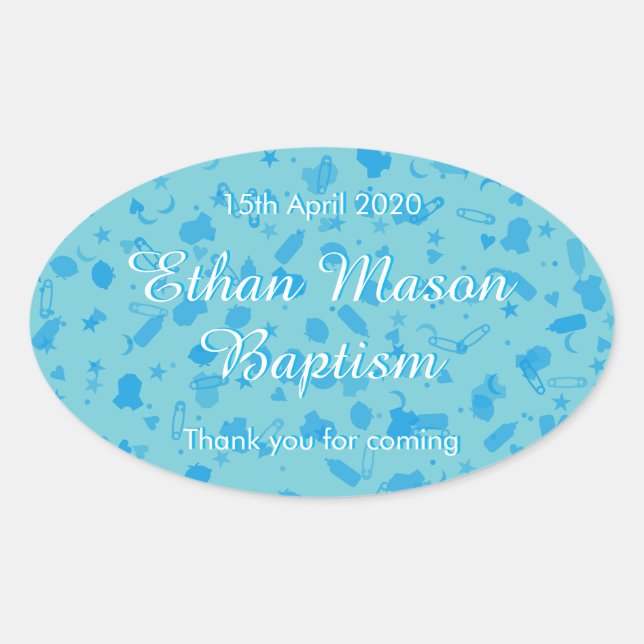 Sticker Ovale Bébé Bleu Confetti Baptême Christening Favoriser (Devant)