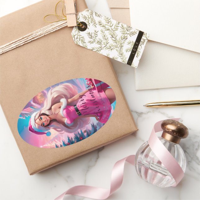Sticker Ovale Belle fille de Noël rose 01 (Cadeaux)