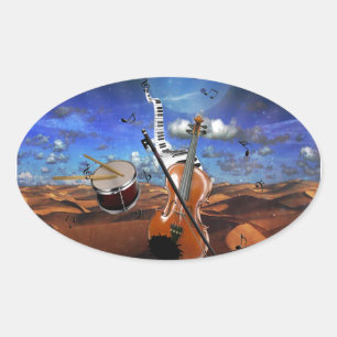 Sticker Ovale Belle musique notes violon splatter piano tambours