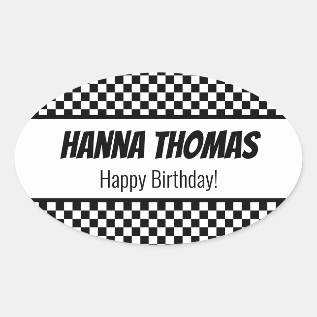 Sticker Ovale Black White Check Motif Racing thème Anniversaire (Devant)