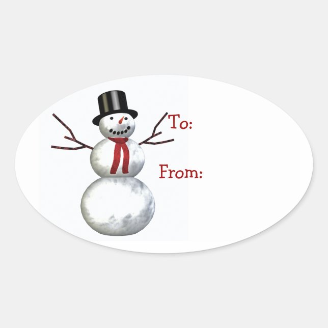Sticker Ovale bonhomme de neige joyeux dans le chapeau supérieur (Devant)