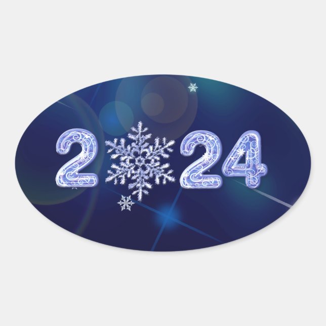 Sticker Ovale Bonne année 2024. Numéros de glace et flocon de ne (Devant)