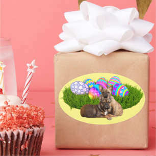 Sticker Ovale Bouledogue français Joyeuses Pâques Bouledogue fra