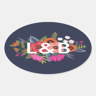 Sticker Ovale Bouquet bohème - Initiales Mariages bleu marine