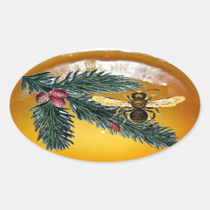 STICKER OVALE BRANCHES DE PINS ET HONEY BEE / BEEKEEPER BEEKEEPE