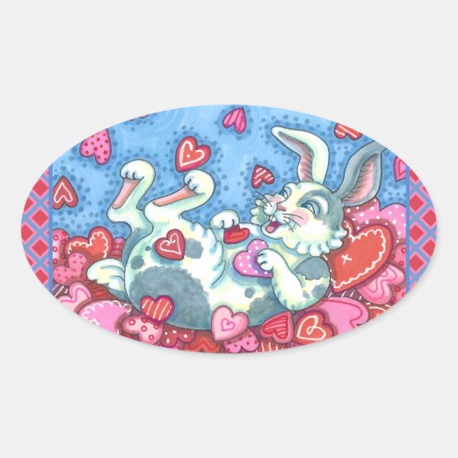 STICKER OVALE BUNNY RABBIT & COEURS COLORÉS ÉLEVANT VALENTINES (Devant)