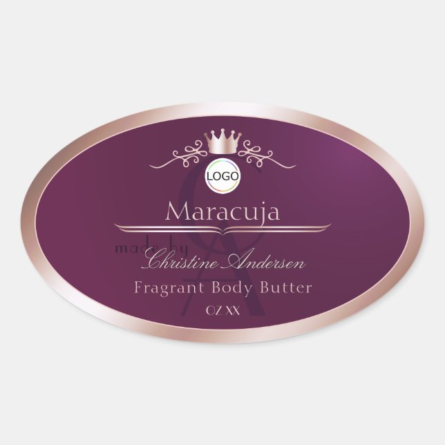 Sticker Ovale Burgundy Product Label Rose Gold Frame Monogram (Devant)