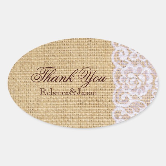 Sticker Ovale burlap white lace country rustique mariage merci (Devant)
