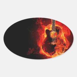Sticker Ovale Burning Guitar, Orange Flames Music Rock Band