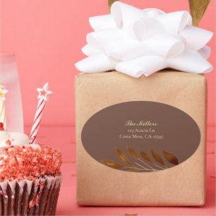 Sticker Ovale Café Brown et Gold Leaf Mariage Adresse de retour