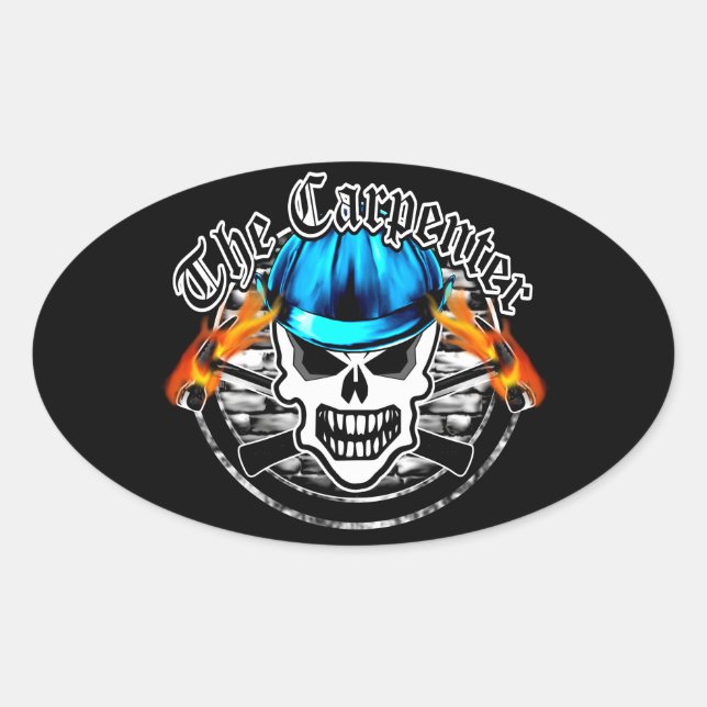 Sticker Ovale Carpenter crâne et Casquette dur bleu (Devant)