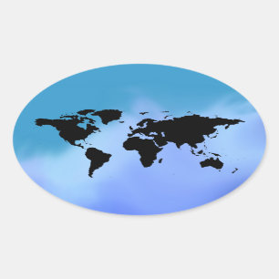 Sticker Ovale carte du monde bleu noir