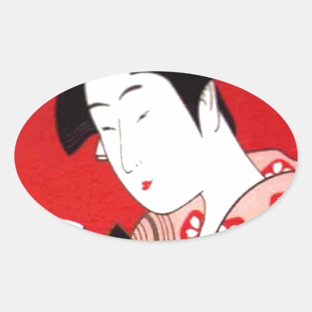 Sticker Ovale Cérémonie japonaise du thé de dame Art Imprimer (Devant)