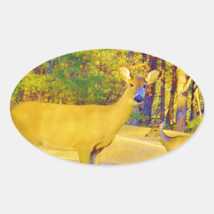 Sticker Ovale Cerf de couleur moutarde avec bleu clair