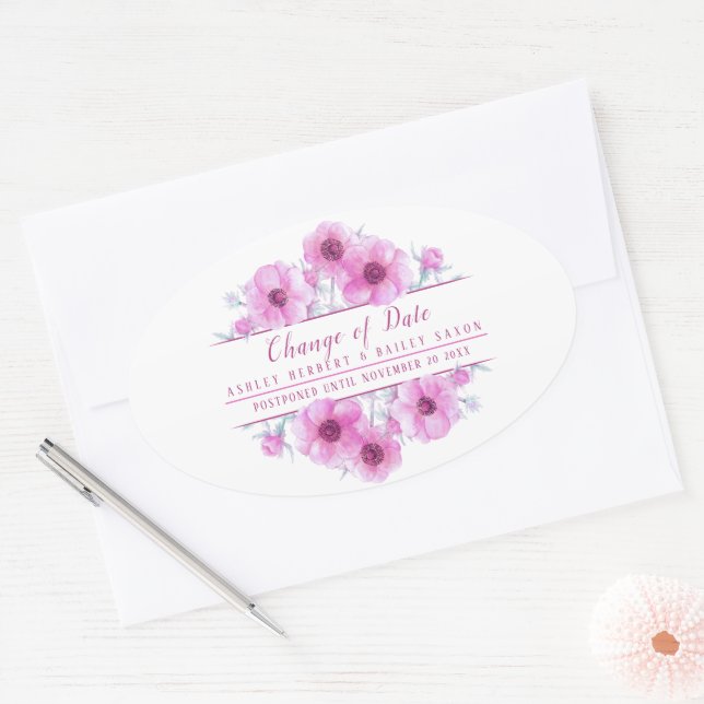 Sticker Ovale Changement de date anemone rose mariage carte repo (Enveloppe)