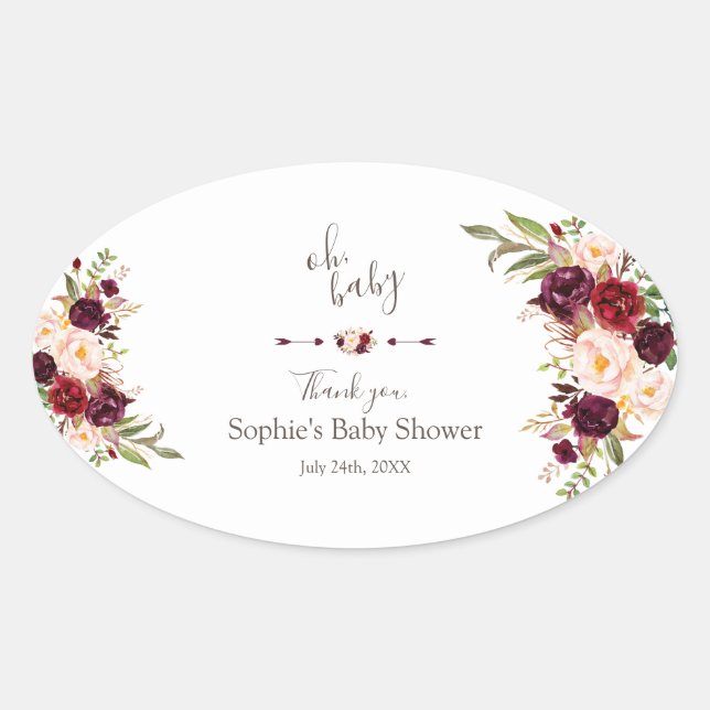Sticker Ovale Charme Bourgogne Rouge Marsala BABY SHOWER Floral (Devant)