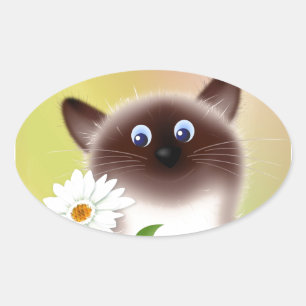 Sticker Ovale Chat avec Fleur