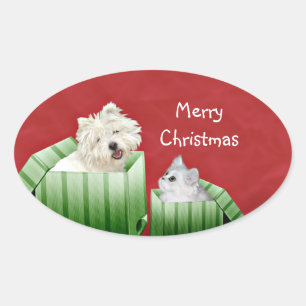 Sticker Ovale Chat et chien de Noël