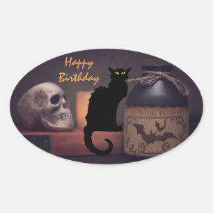 Sticker Ovale Chat noir effrayant et crâne Joyeux anniversaire