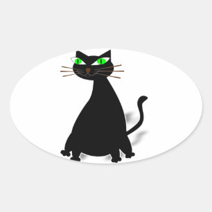 Sticker Ovale Chat noir gras aux yeux verts