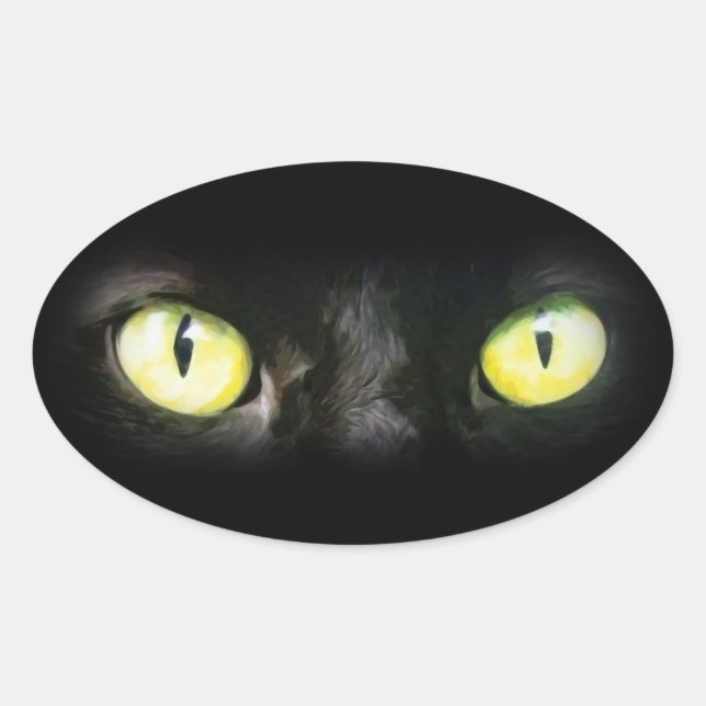 Sticker Ovale Chat noir, Yellow Green Eyes, sobre et Éffrayant (Devant)