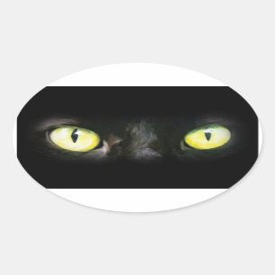 Sticker Ovale Chat noir, Yellow Green Eyes, sobre et Éffrayant
