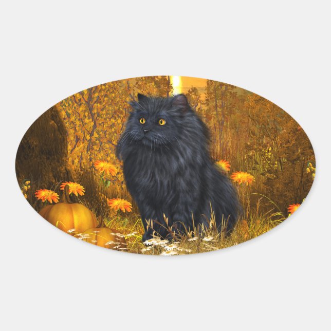 Sticker Ovale Chat perse noir Halloween (Devant)