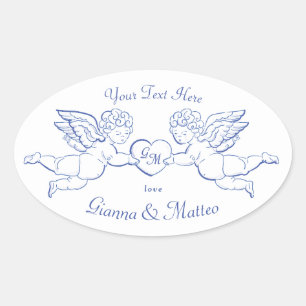 Sticker Ovale Chérubins tenant un cœur couple Cupidons initiales