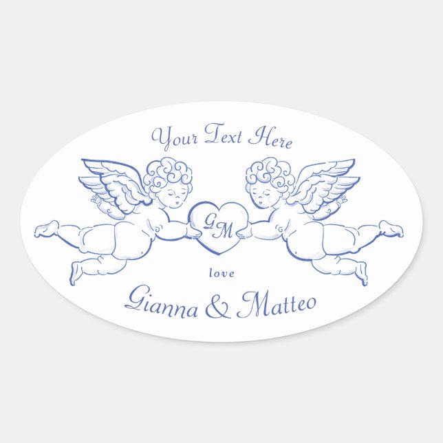 Sticker Ovale Cherubs Tenant Coeur Couple Cupids Initiales (Devant)