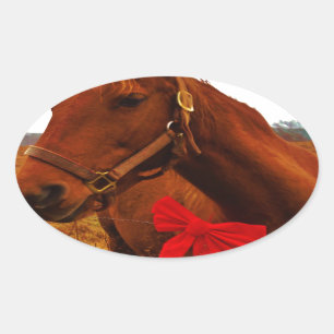 Sticker Ovale Cheval avec Bow rouge