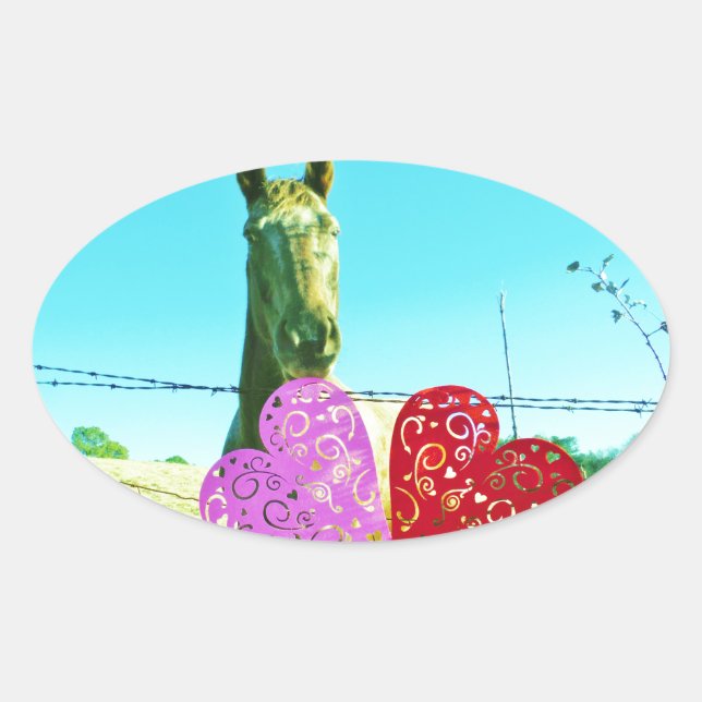 Sticker Ovale Cheval blond et Coeurs rose et rouge (Devant)