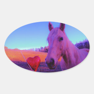 Sticker Ovale Cheval Brown et Coeur Rouge
