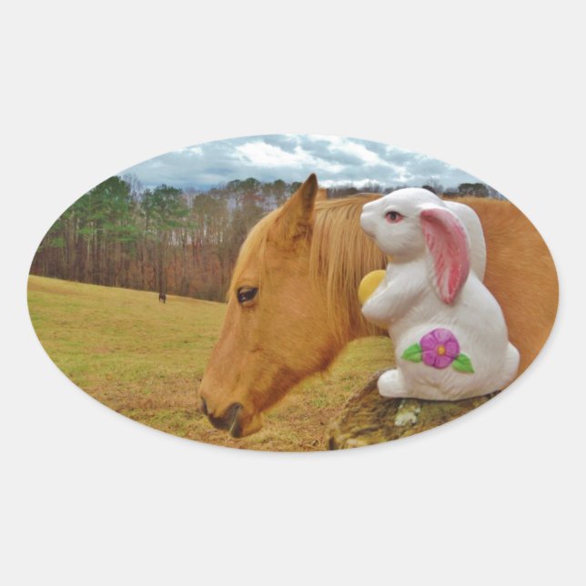 Sticker Ovale Cheval Jaune, Lapin De Printemps (Devant)