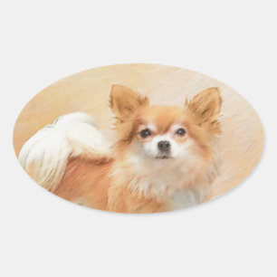 Sticker Ovale Chihuahua Peinture de Chien à long Haired Art orig