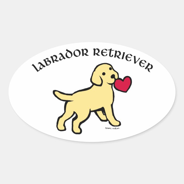 Sticker Ovale Chiot du laboratoire jaune et coeur rouge (Devant)