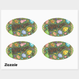 STICKER OVALE CHOCOLAT PÂQUES BUNNY, POULET, OEUFS, JELLY BEANS