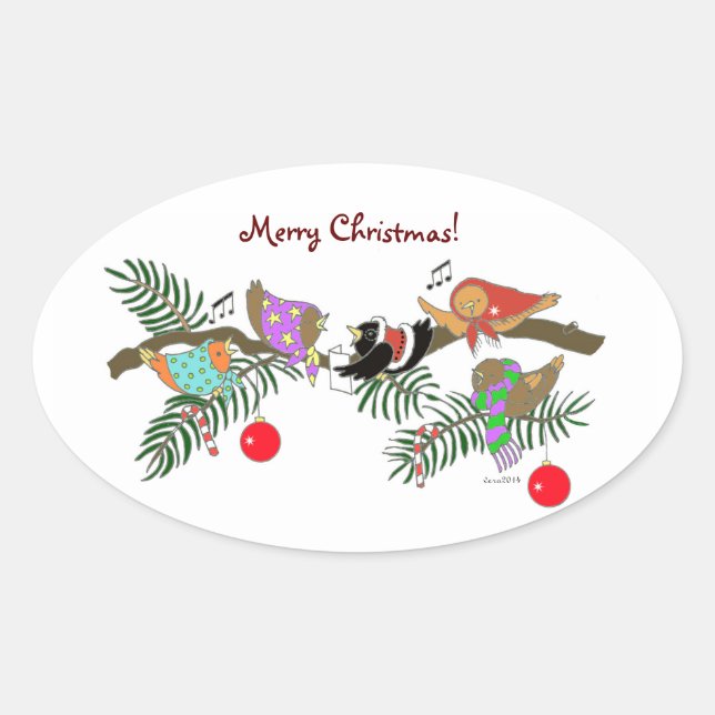 Sticker Ovale Choeur des oiseaux de Noël Art populaire ukrainien (Devant)