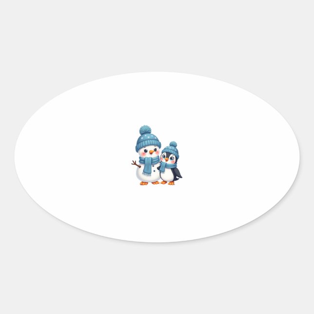 Sticker Ovale Christmas Merry Christmas For Gift Penguin Snowman (Devant)