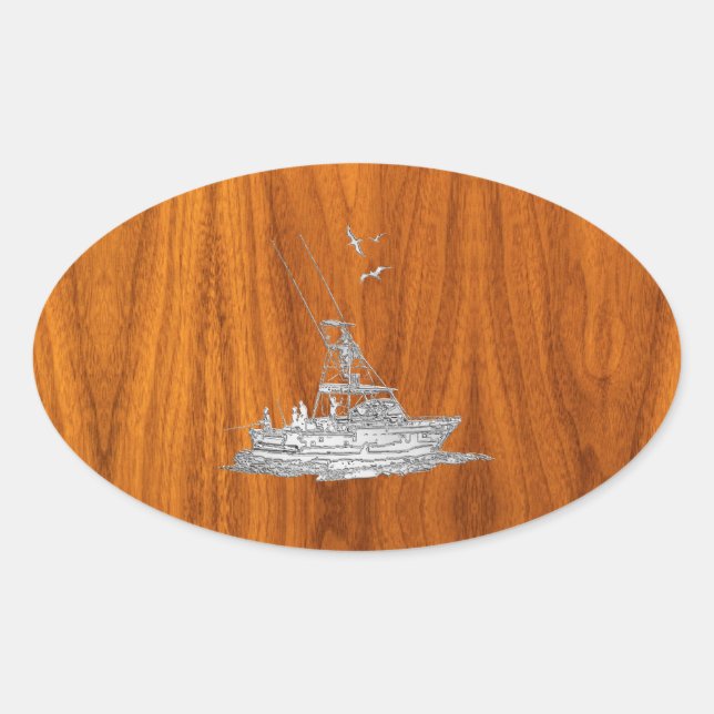 Sticker Ovale Chrome Comme bateau de pêche sur bois de teck (Devant)