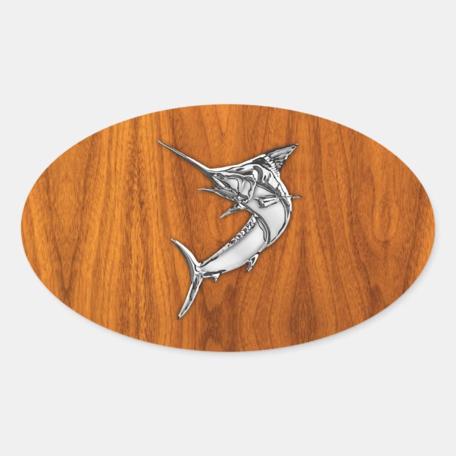 Sticker Ovale Chrome Marlin sur bois de teck (Devant)