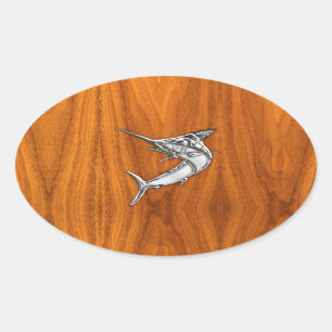 Sticker Ovale Chrome Marlin sur bois de teck